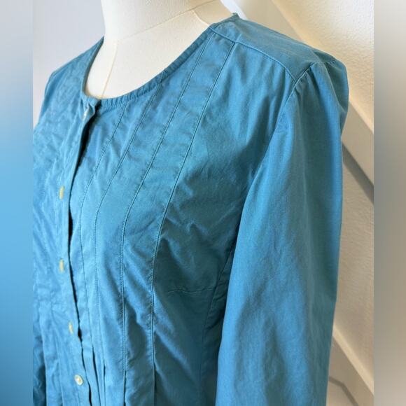 J. Jill 100% Cotton Button Up Pleated 3/4 Sleeve Blouse Aquamarine Teal Size XS - Picture 3 of 10